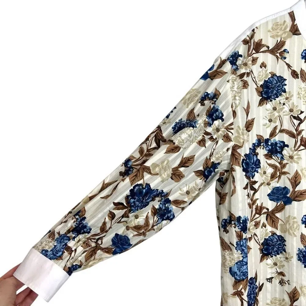 Tory Burch Dress XL Floral Tunic Midi Shirtdress Round Neck Long Sleeve Toile